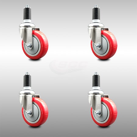 Service Caster 4 Inch 316SS Red Polyurethane Swivel 1-3/8 Inch Expanding Stem Caster Set SCC SCC-SS316EX20S414-PPUB-RED-138-4